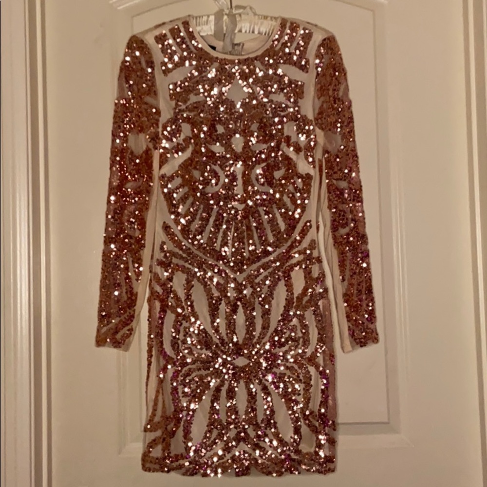 BEBE Rose gold sequin formal dress